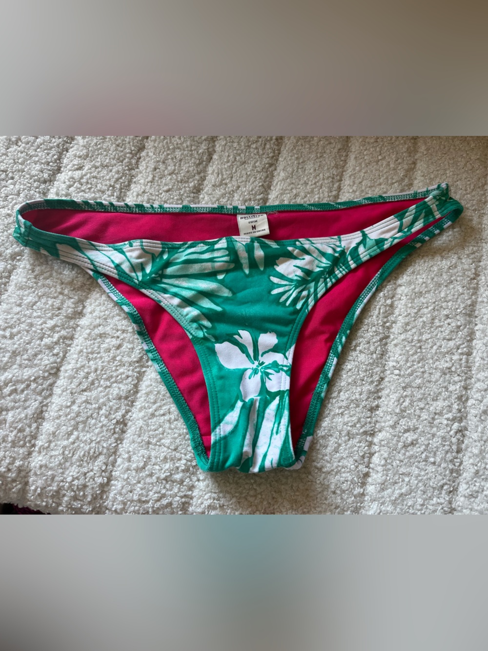 Hollister Green & White Floral Bikini Bottom with Pink Lining